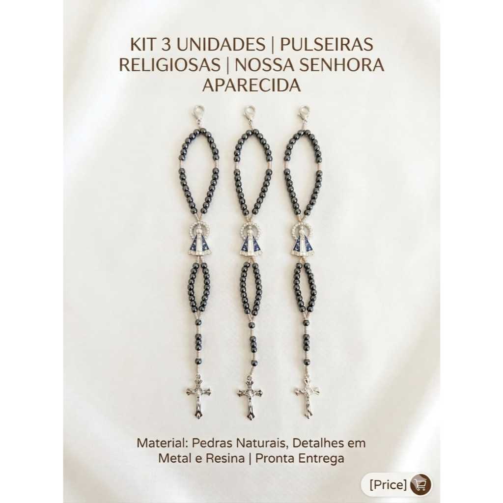 kit 3 Terços Pulseira Pedra hematita Nossa Senhora Aparecida Lembrança Religiosa.