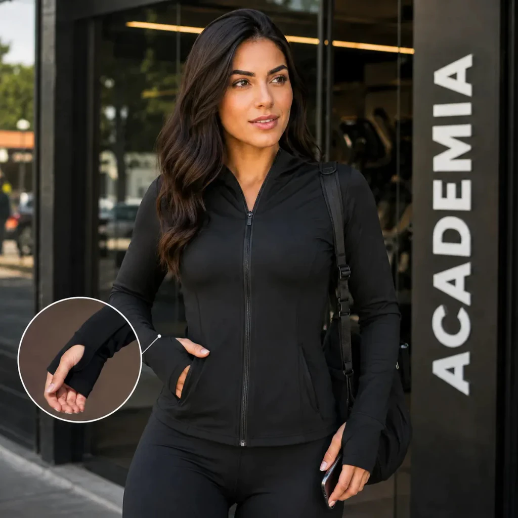 Jaqueta Dry Fitness Feminina Roupa Academia Bolso Capuz Leve — imagem 1