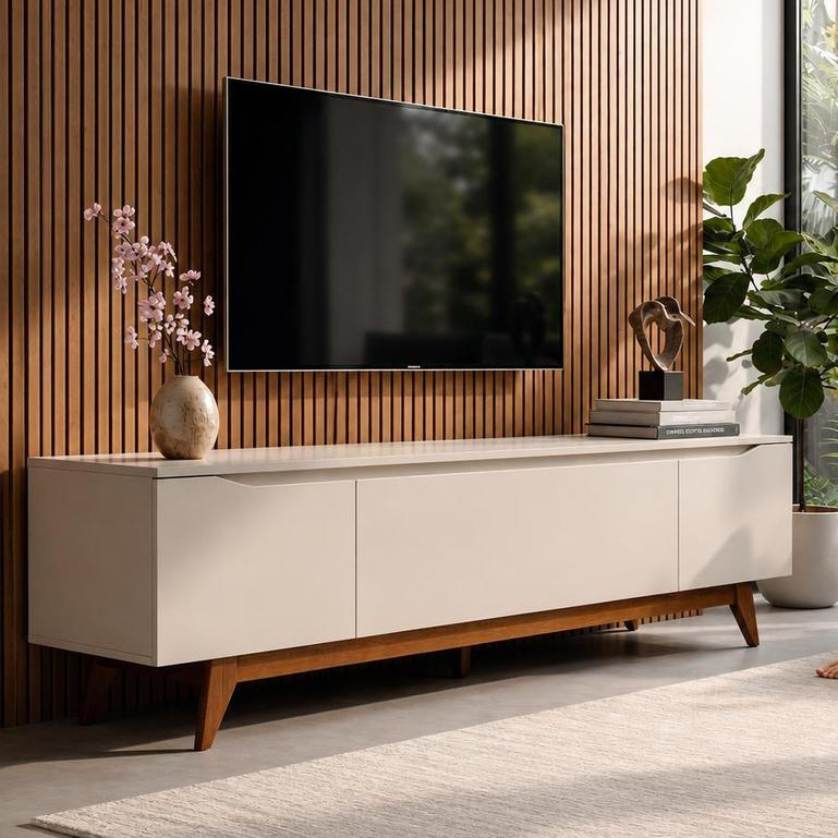 Rack para TV até 75 Polegadas 220cm Pés em Madeira Maciça Flynt Off White/Natural