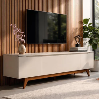Rack para TV até 75 Polegadas 220cm Pés em Madeira Maciça Flynt Off White/Natural