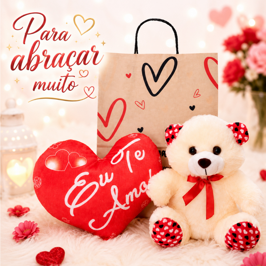 Presente Urso/Bichinho e Coração de Pelúcia - Aniversário/Namorados/Pai/Mãe/Amiga - Kit/Cesta