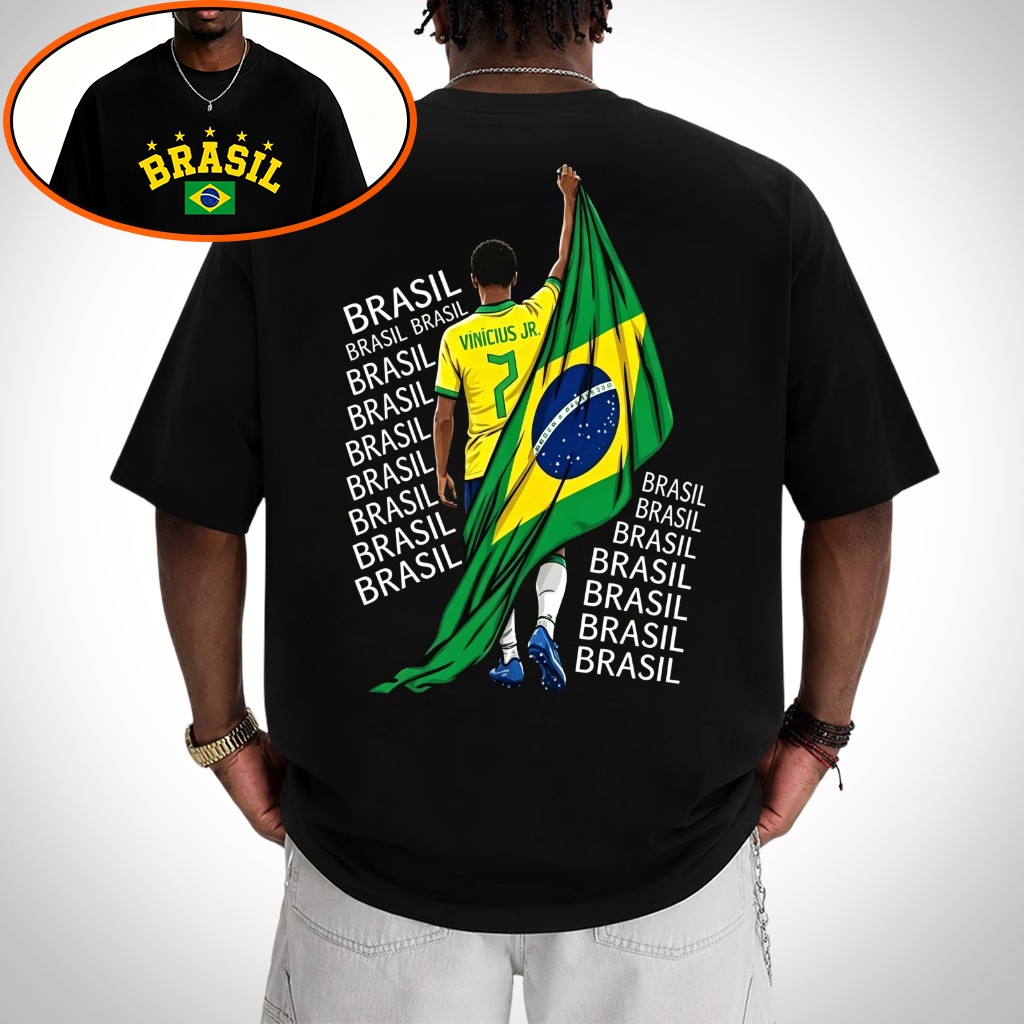 Camiseta Seleção Brasileira Vinicius Jr Frente e Verso Oversized 100%Algodão Unissex Plus Size Torcedor Brasil Copa 2026