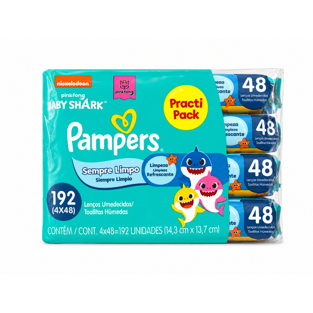 Pack Pampers Lenços Umedecidos Baby Shark 192 Unidades Original