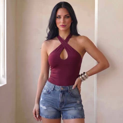 Blusa Feminina com Trançado Elegante Suplex Moda Gringa com Sustentação Slim