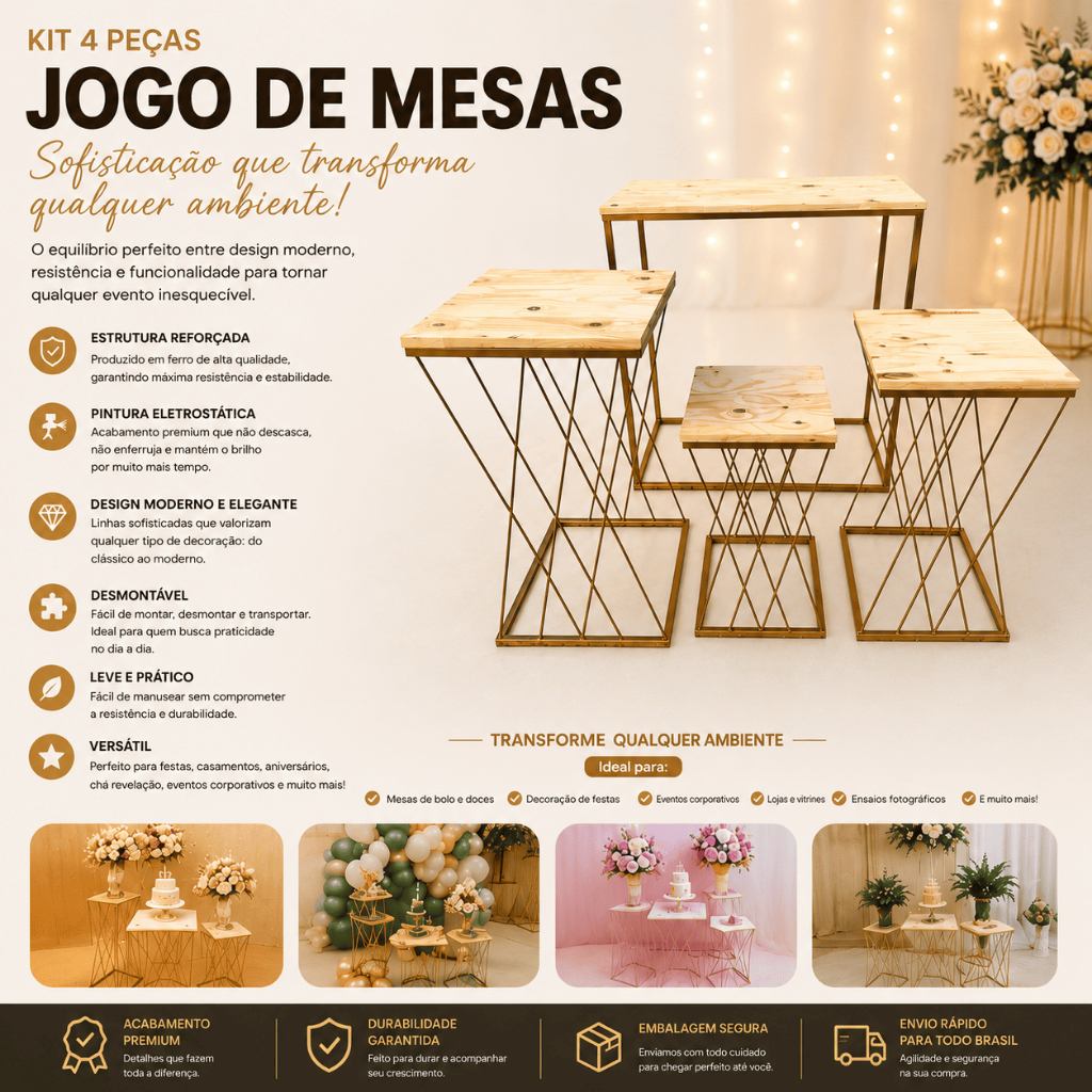 Kit 4 Mesas Teia e Cubo para Decoração Festa Aniversario Chá Revelação
