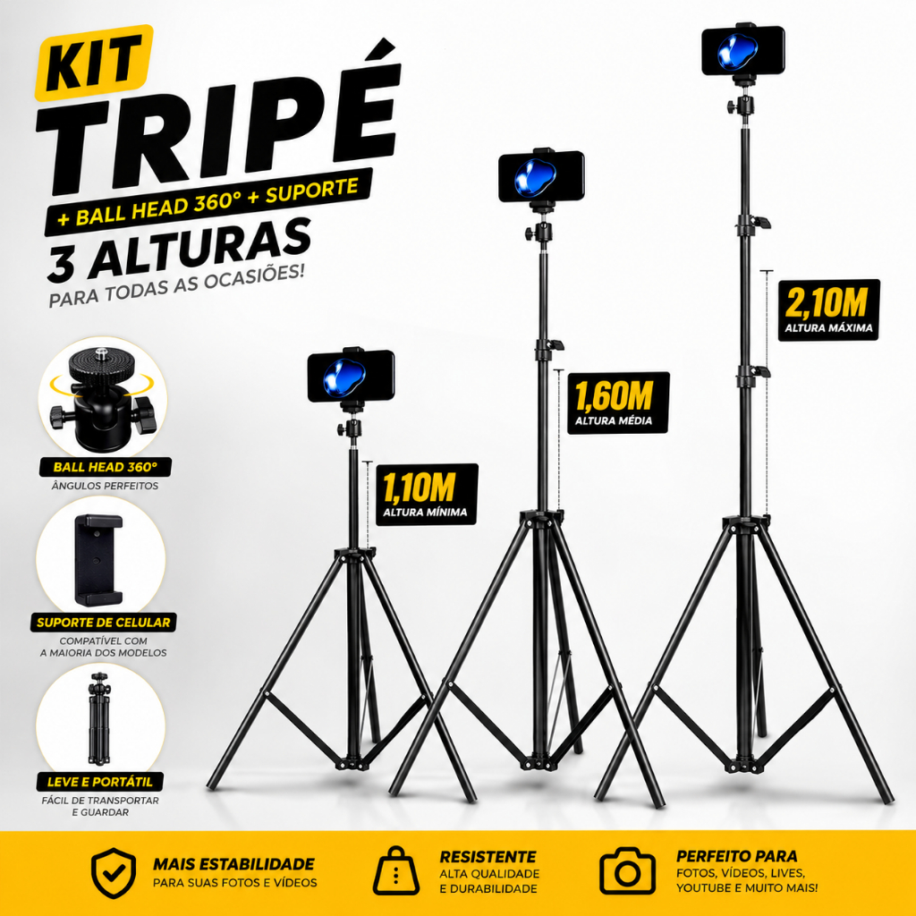 Kit Tripé Profissional 2.10m Suporte Celular Ajuste de Ângulo Retrátil Para Vídeos TikTok  Instagram