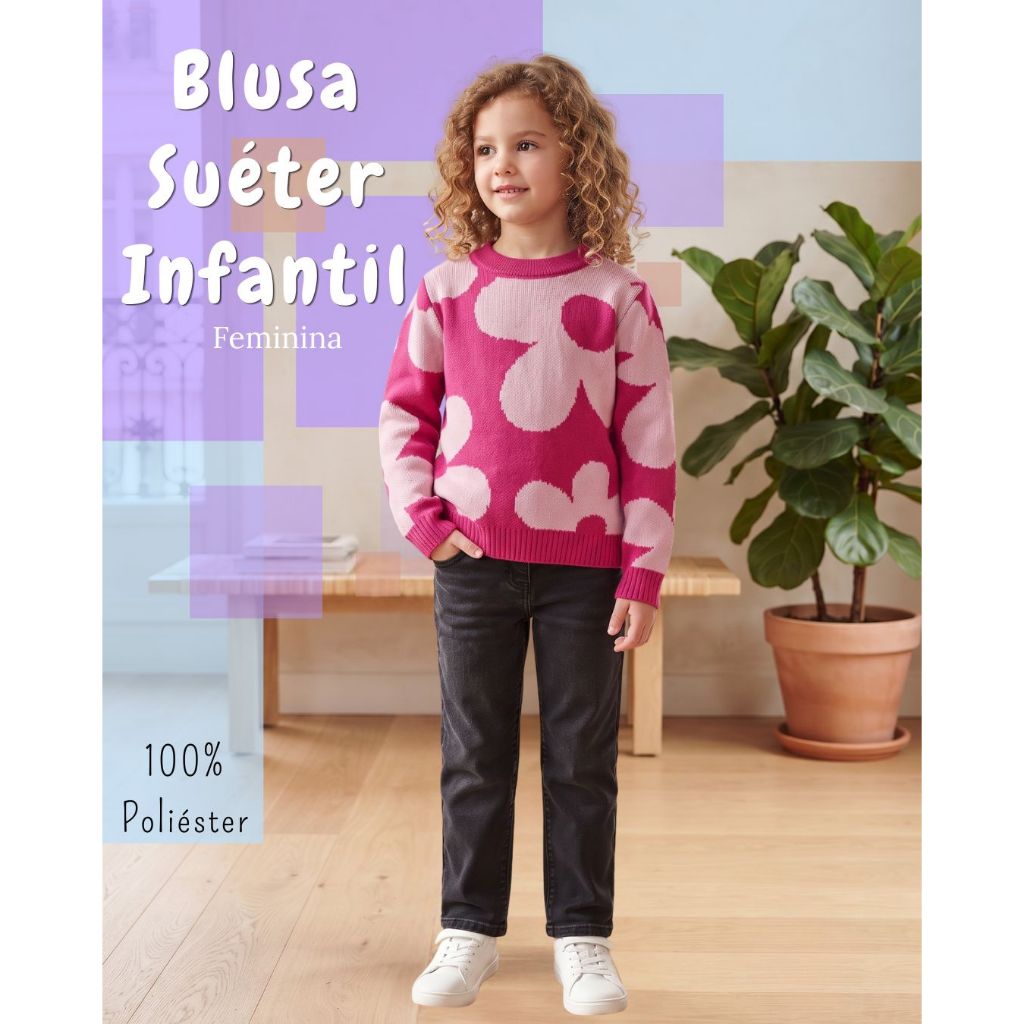 Blusa Infantil Feminina Tricô Estampa Floral Manga Longa Gola Redonda Canelada Tricot Inverno