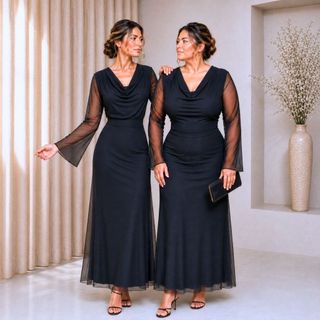 Vestido Tule Longo Preto Manga Longa Elegante Forro Social Festa Casamento Formatura Festa M G GG