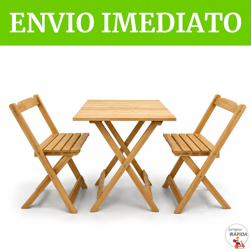 KIT JOGO DE MESA MADEIRA NATURAL DOBRÁVEL 70X70 COM 2 CADEIRAS - BAR RESTAURANTE ÁREA GOURMET