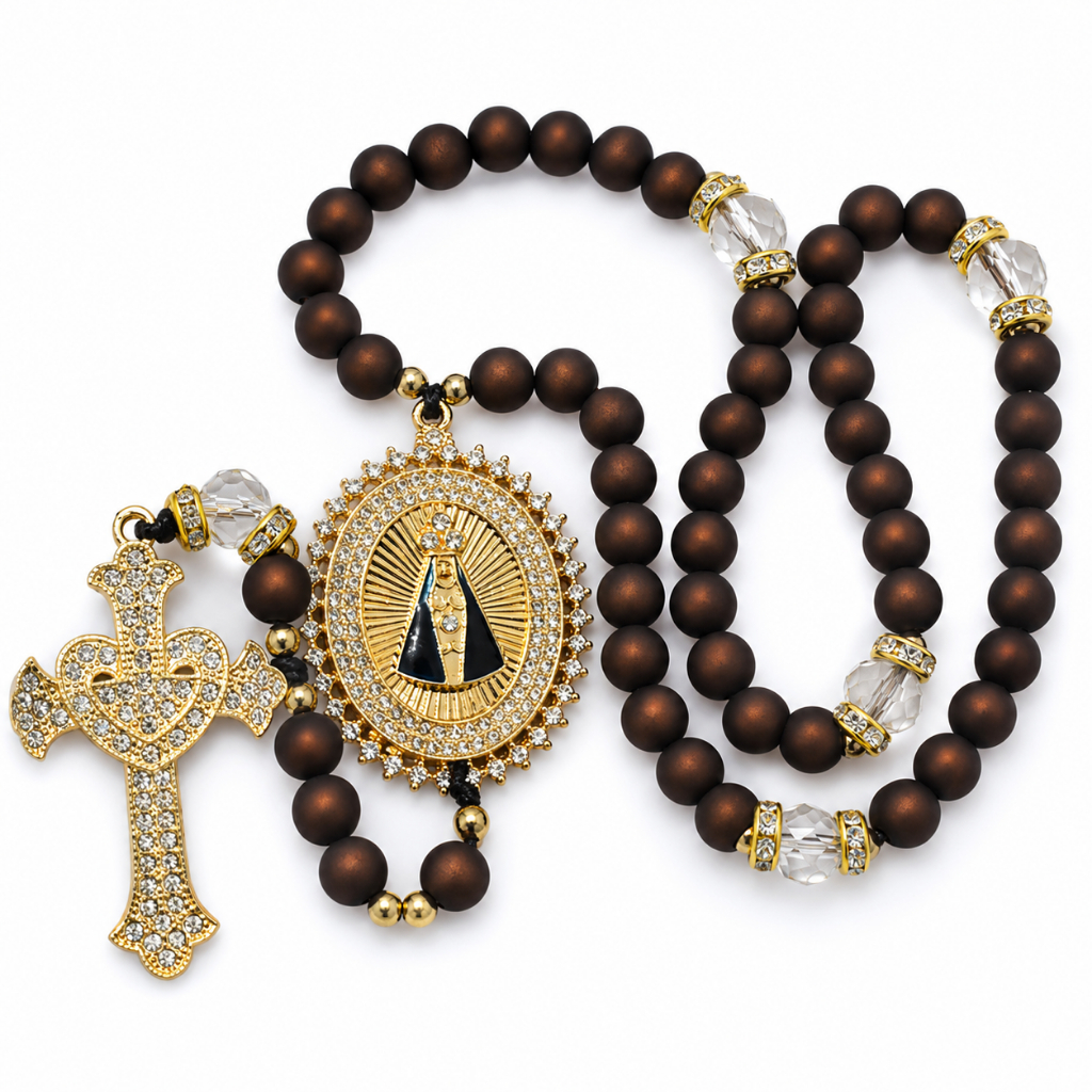 Terço de Luxo Nossa Senhora Aparecida com Strass Presente Religioso Católico