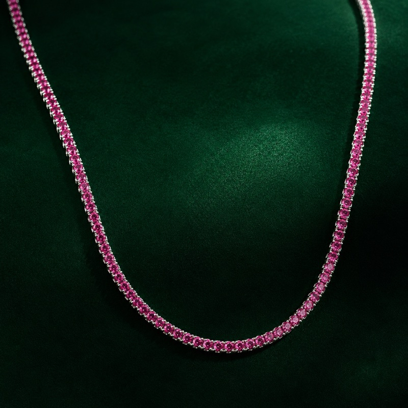 Choker Riviera Prata 925 2mm com Pedras Rosa Pink Elegante e Feminina