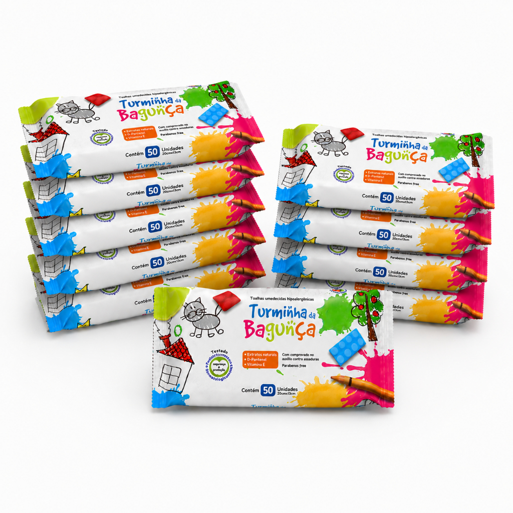 Kit 10 Pacotes Toalhas Umedecidas Turminha da Bagunça 50 Folhas 98% Água Vegano Hipoalergênico Lenço umedecido bebê