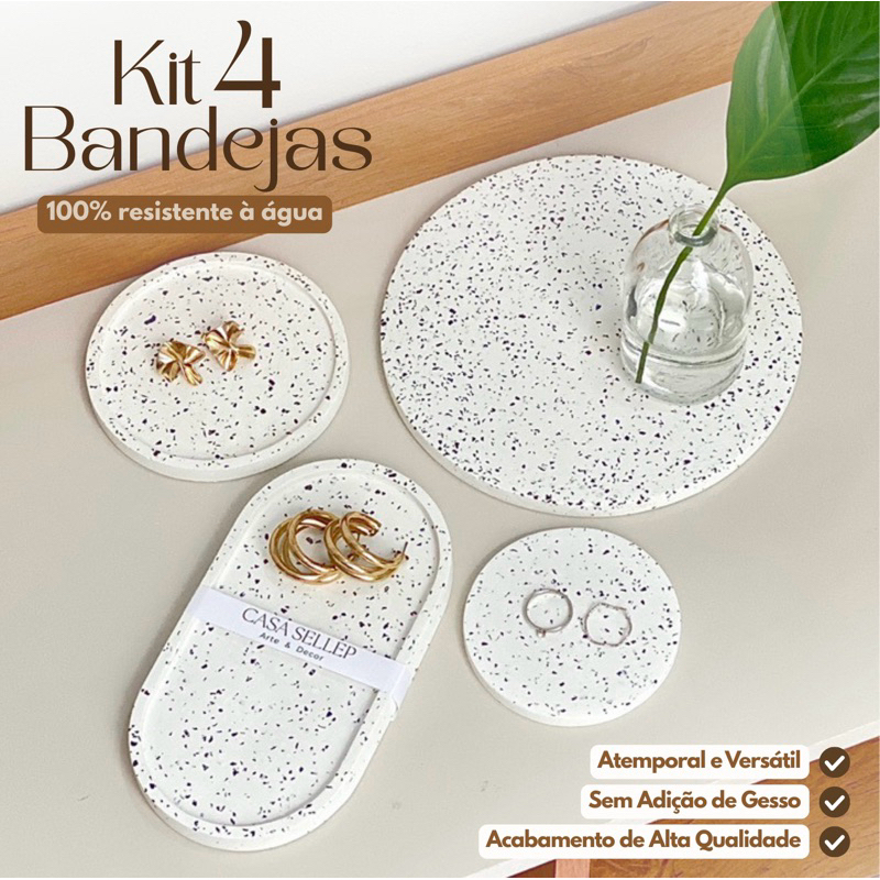 Conjunto 4 Peças Bandejas Decorativas e Organizadoras de Cimento Branco.