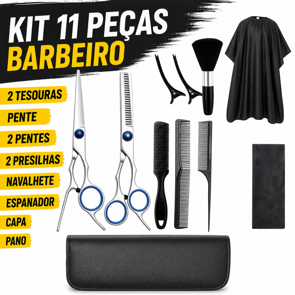Kit 11 Peças Barbeiro De Barbear Inoxidável Tesoura De Aço