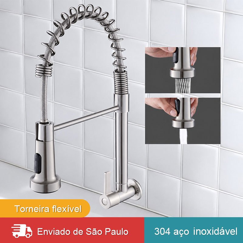 Torneira Metal Cozinha Flexível na Parede Jatos De Dupla Função prata Escovado Gourmet Aço inox 304 Luxo