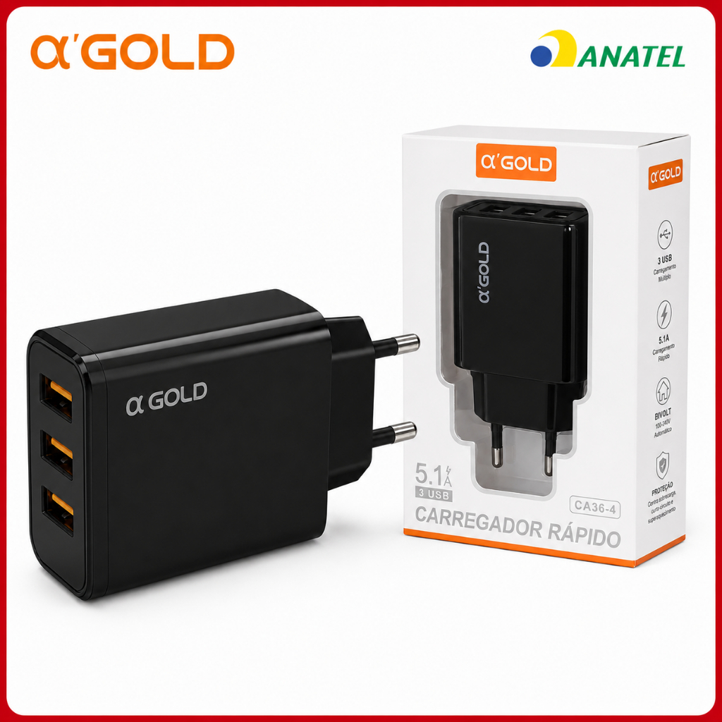 Fonte α'Gold 3 Entradas USB Carregador para Celular Rápido Original