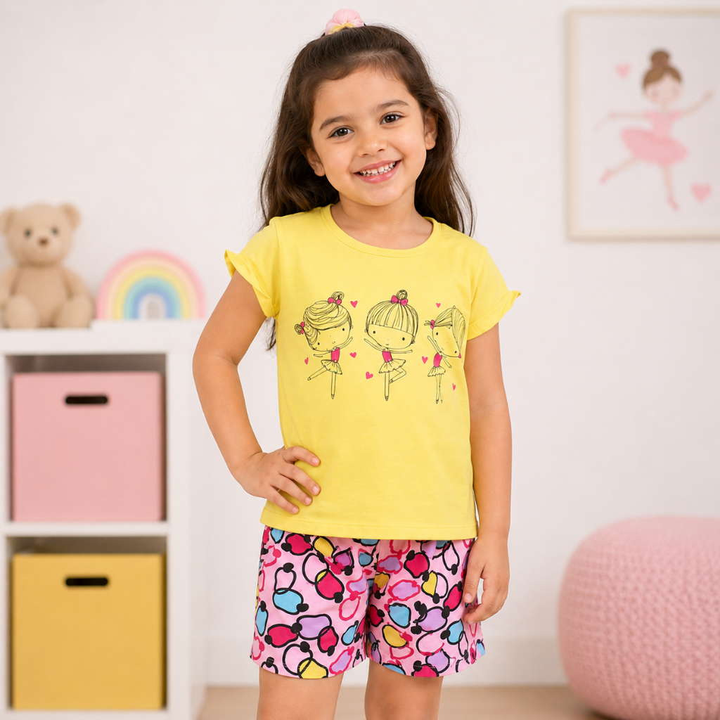 Conjunto Feminino Blusa Amarela Short Rosa Infantil Casual Confortavel Verao Leve Algodao 5 6 Anos