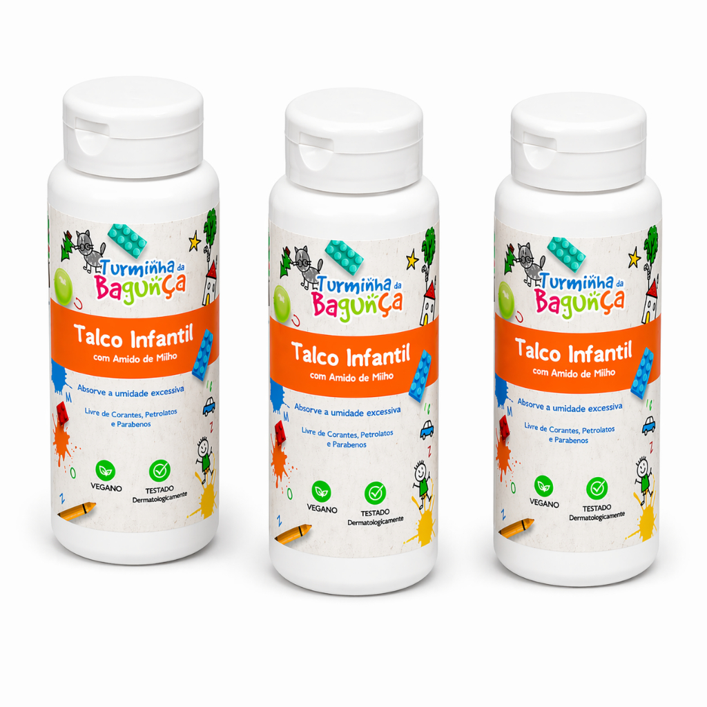Kit 3 Talco Infantil com Amido de Milho 100g - Turminha Da Bagunça | Talco para bebê | Vegano e Hipoalergênico