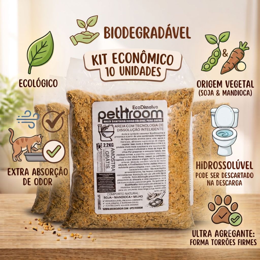 Areia Gato Soja 22KG Hipolergênica Atacado Leve 10 Unidades