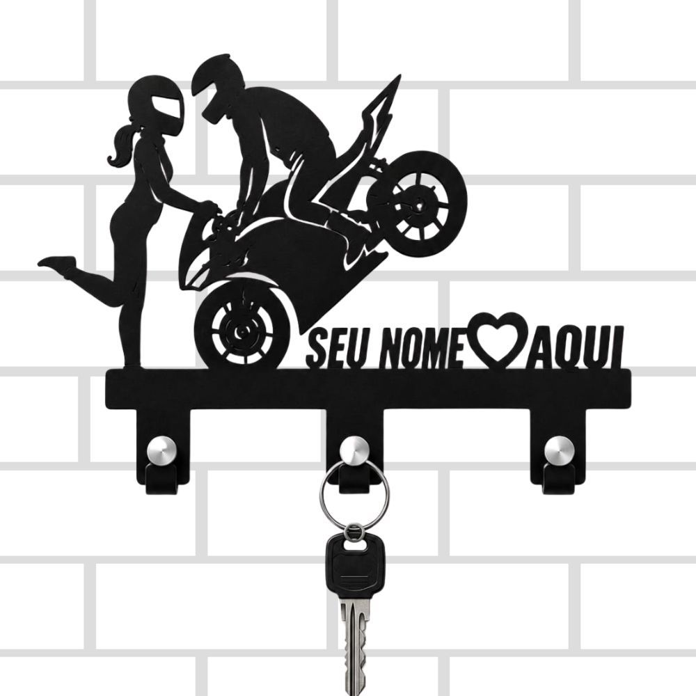 Porta Chaves Personalizado MDF Casal Motoqueiro com Nome | Decoração Criativa para Parede | Suporte de Chaves com Fita A