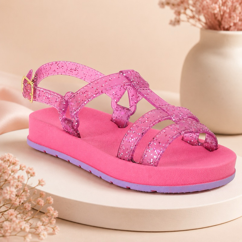 Sandália Infantil Feminina Brilhosa com Fivela Ajustável Confortável e Antiderrapante