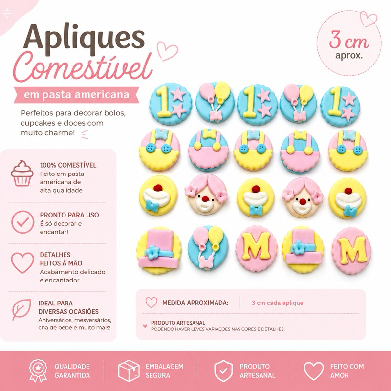 Aplique de pasta americana para festas 3cm TODOS OS TEMAS