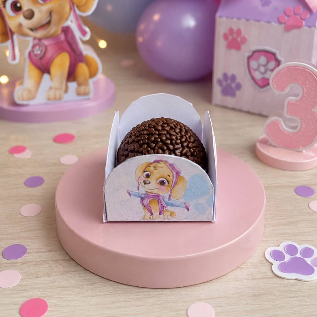 50 Forminhas Personalizadas de Doce Brigadeiro 4 Pétalas Patrulha Canina Rosa Aquarela Festa Aniversário
