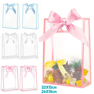 Kit Com 5/10 Peças Sacola Plástica Transparente Com Laço 22X15cm ,26X18cm Para Presente de aniversário, casamento, doces
