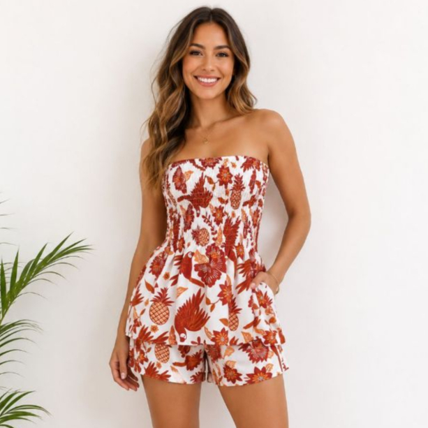 Conjunto Verao Blusa bata de lastex, short cintura com elatico tem bolsos