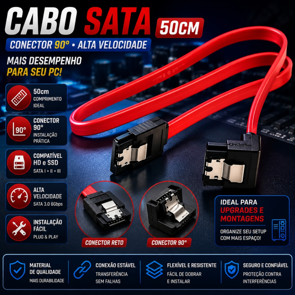 Cabo Sata 3 Para Hd / Ssd Desktop / Computador Cor Vermelho 45cm