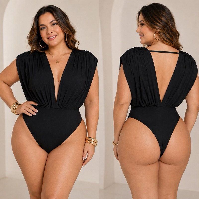 PLUS SIZE Body sexy feminino decotado drapeado estiloso balada festa suplex elegante sensual verão