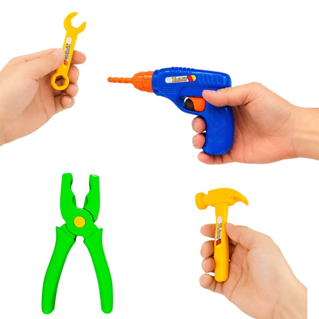 Kit De Ferramentas Infantil Brinquedo Educativo Com Furadeira Martelo Alicate Chave E Parafusos Para Crianças