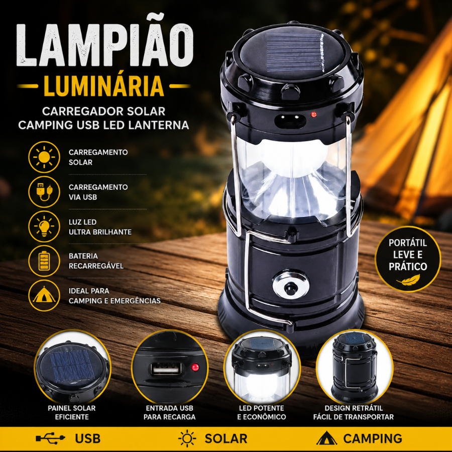 Lampião Luminária Carregador Solar Camping Usb Led Lanterna