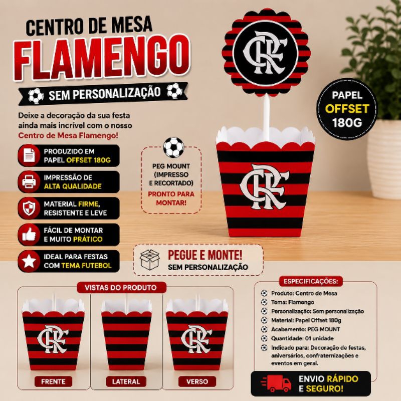 Centro de mesa PEGUE E MONTE - Tema Flamengo Aniversários - Lembrancinhas - ENVIO IMEDIATO