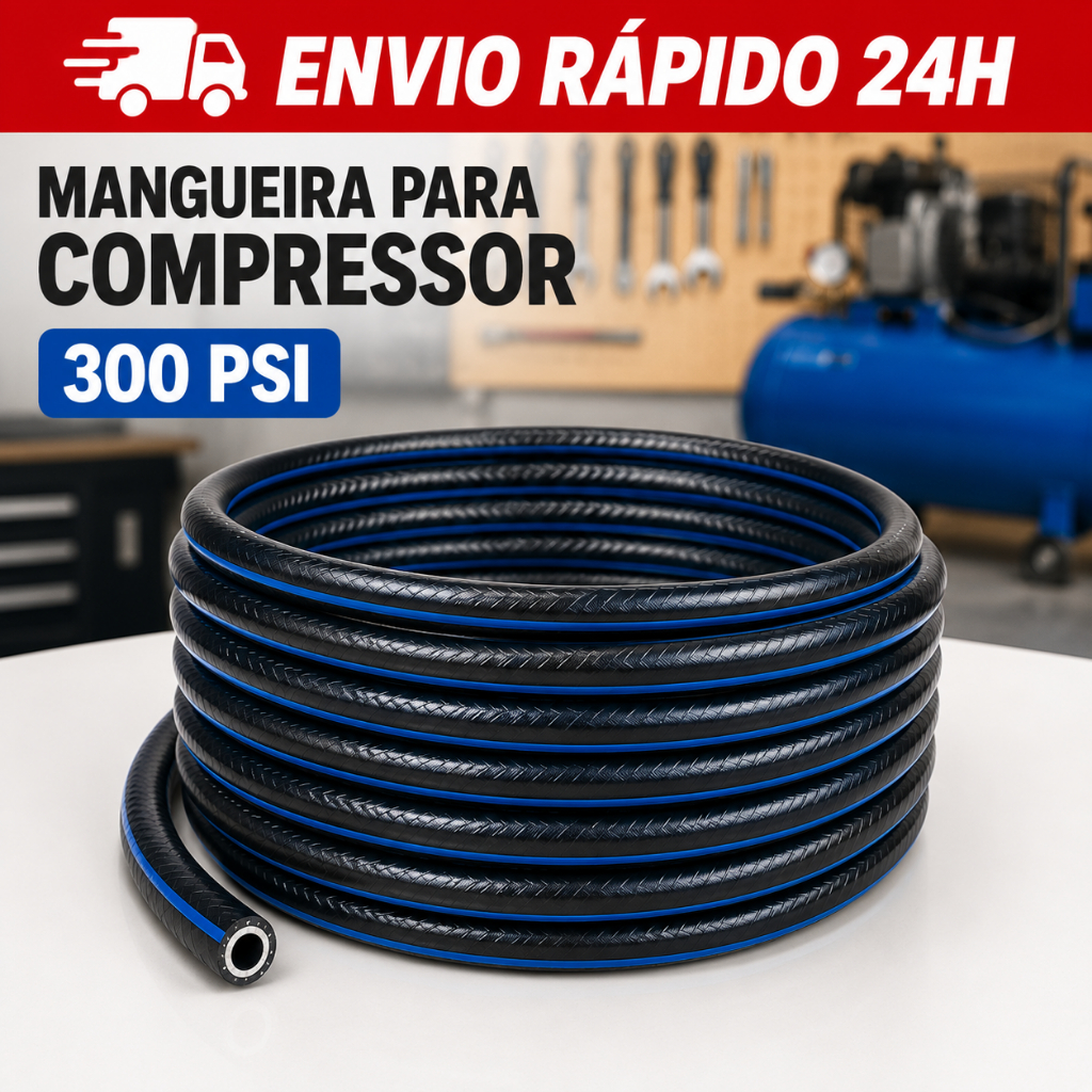 Mangueira Para Compressor 10m, 15m, 20m, 30m e 50 Metros PT300 1/4 Ar Comprimido Pneumática Borracha