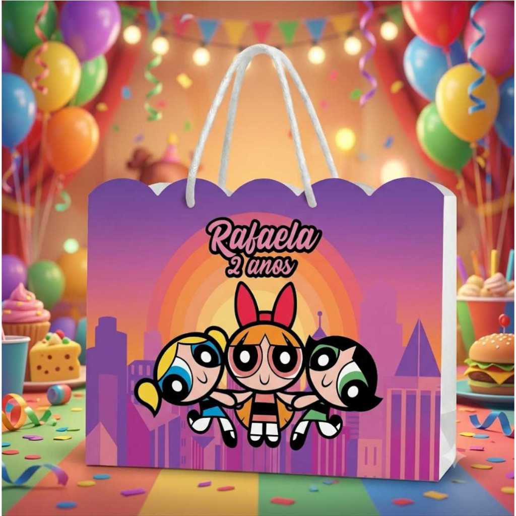 Sacolinha Ondulada Meninas Super Poderosas Com Nome e Idade PEGUE E MONTE (20x15x5) Personalizada Lembrancinha