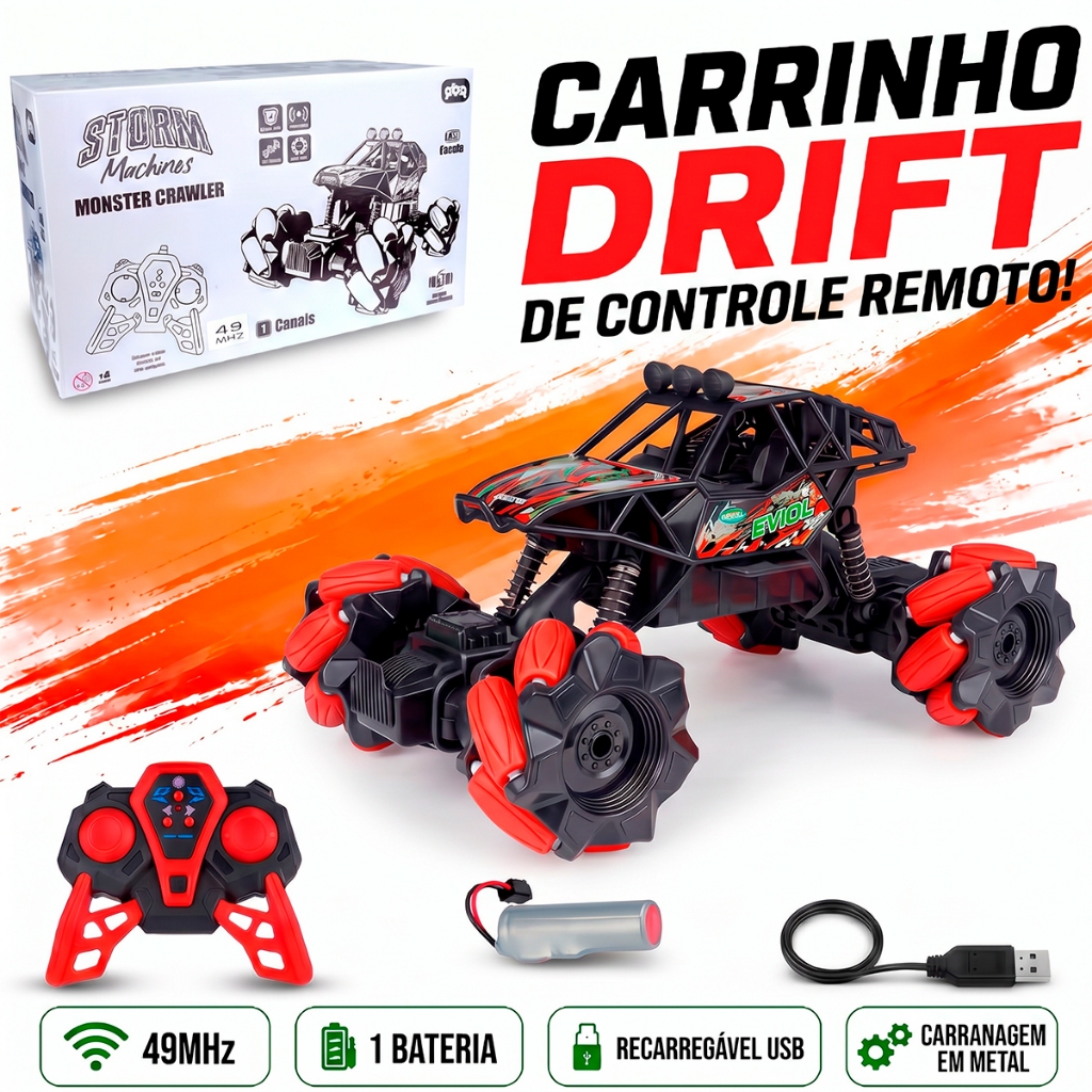 Carrinho Controle Remoto Off Road Rodas Giratórias Bateria Recarregável Infantil Giro 360 graus