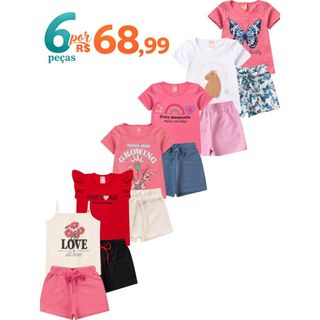 Kit 6 Peças Conjunto Infantil Menina Verão Roupa Menina Algodão Confortável P ao 12 Anos 3 Blusas 3 Shorts Sortido