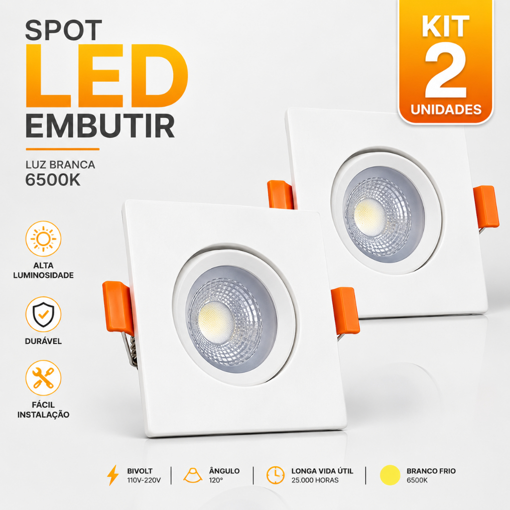 Kit 2 Spot Led 7W Luminária Quadrado Branco Frio Embutir