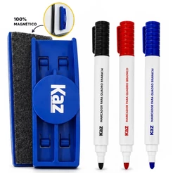 Apagador Magnético + 2 Marcadores de Quadro Branco Preto + Azul Ou Azul + Vermelho