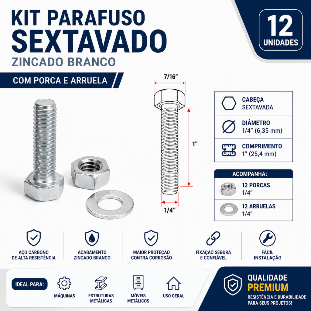 Kit Parafuso Sextavado 1/4 x 1 com Porca e Arruela 12 Peças Chave: 7/16" (11 mm)
