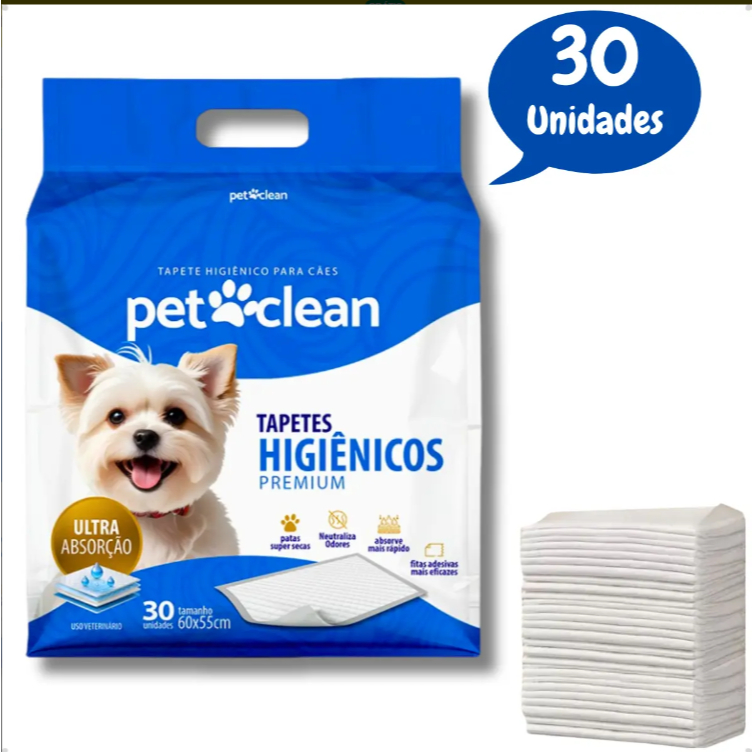 Tapete Higiênico Premium Gel para Cachorro Pet Clean 60 x 55 cm - 30 Unidades