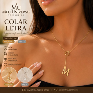 Colar Feminino Gravatinha de Letra Inicial Folheado a Ouro 18K e Prata 925