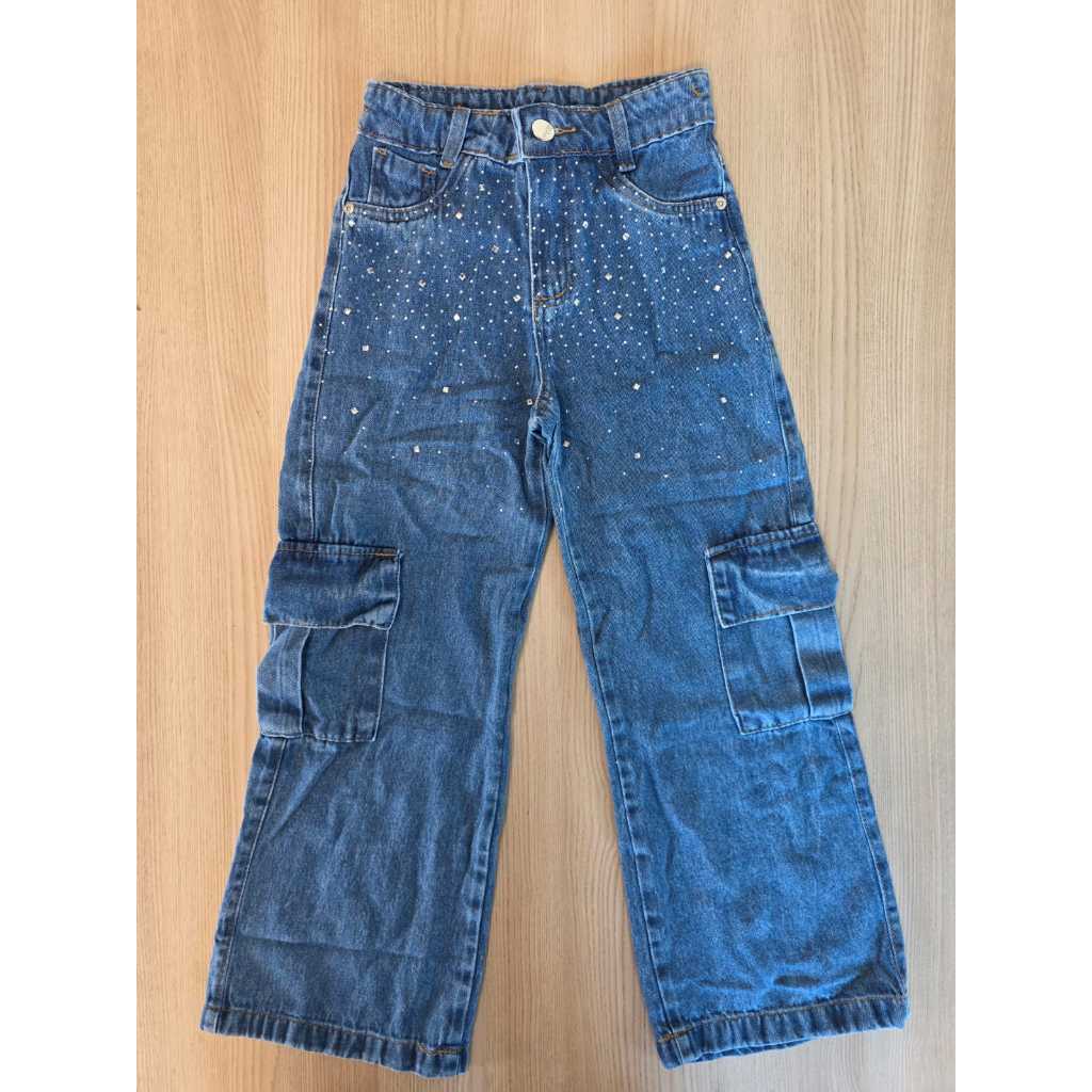 Calça Jeans Feminina Juvenil Wide Leg Com Strass