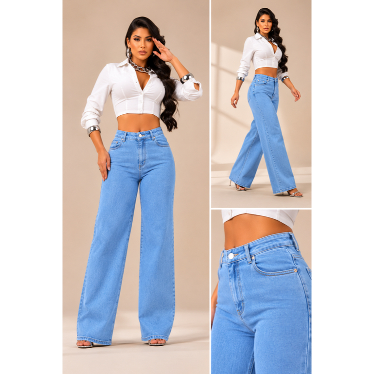 Calça Jeans Feminina Wide Leg Cintura Alta 100% Algodão PREMIUM — imagem 2 de 2
