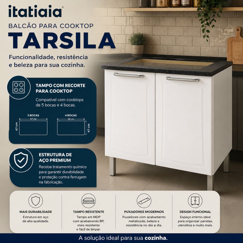 Balcão Cozinha Itatiaia Tarsila Aço para Cooktop 4 e 5 Bocas 2 Portas Branco