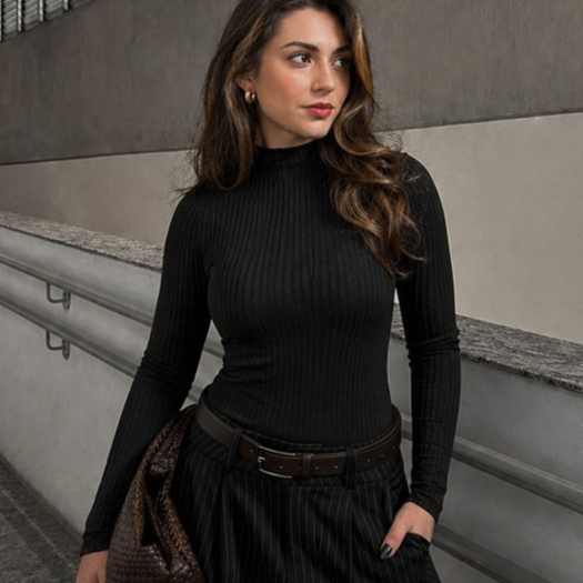 Blusa Feminina Cacharrel Canelada Premium Gola Alta Manga Longa Sueter Elegante Básica Inverno