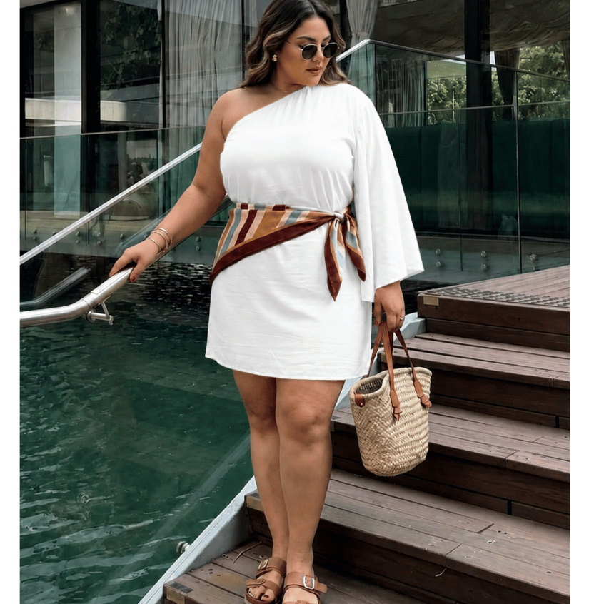 Vestido Feminino Branco Curto Plus Size Elegante Mula Manca Manga Godê Soltinho Confortável Ajustável Ao Corpo Verão