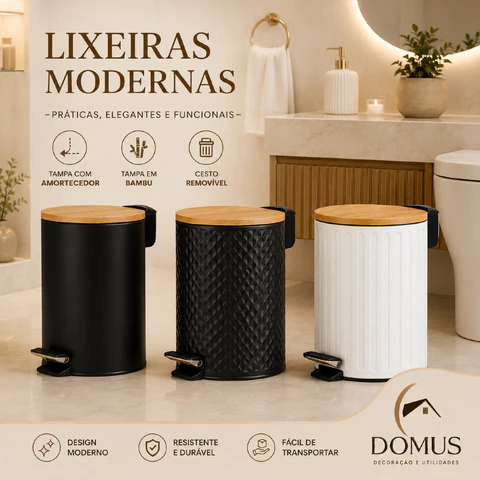 Lixeira Premium 5 Litros Com Tampa Bambu e Pedal Para Casa Banheiro Cozinha em Metal Decorativa