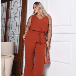 Conjunto Blusa + Calça Duna Regata Feminina Alça Larga Plus Size Casual Social Liso Básica Casual